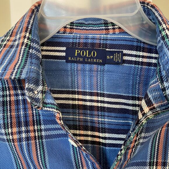 Polo Ralph Lauren Woven Flannel Shirt Men's Blue Orange Plaid Size Small - flaws - Picture 3 of 9